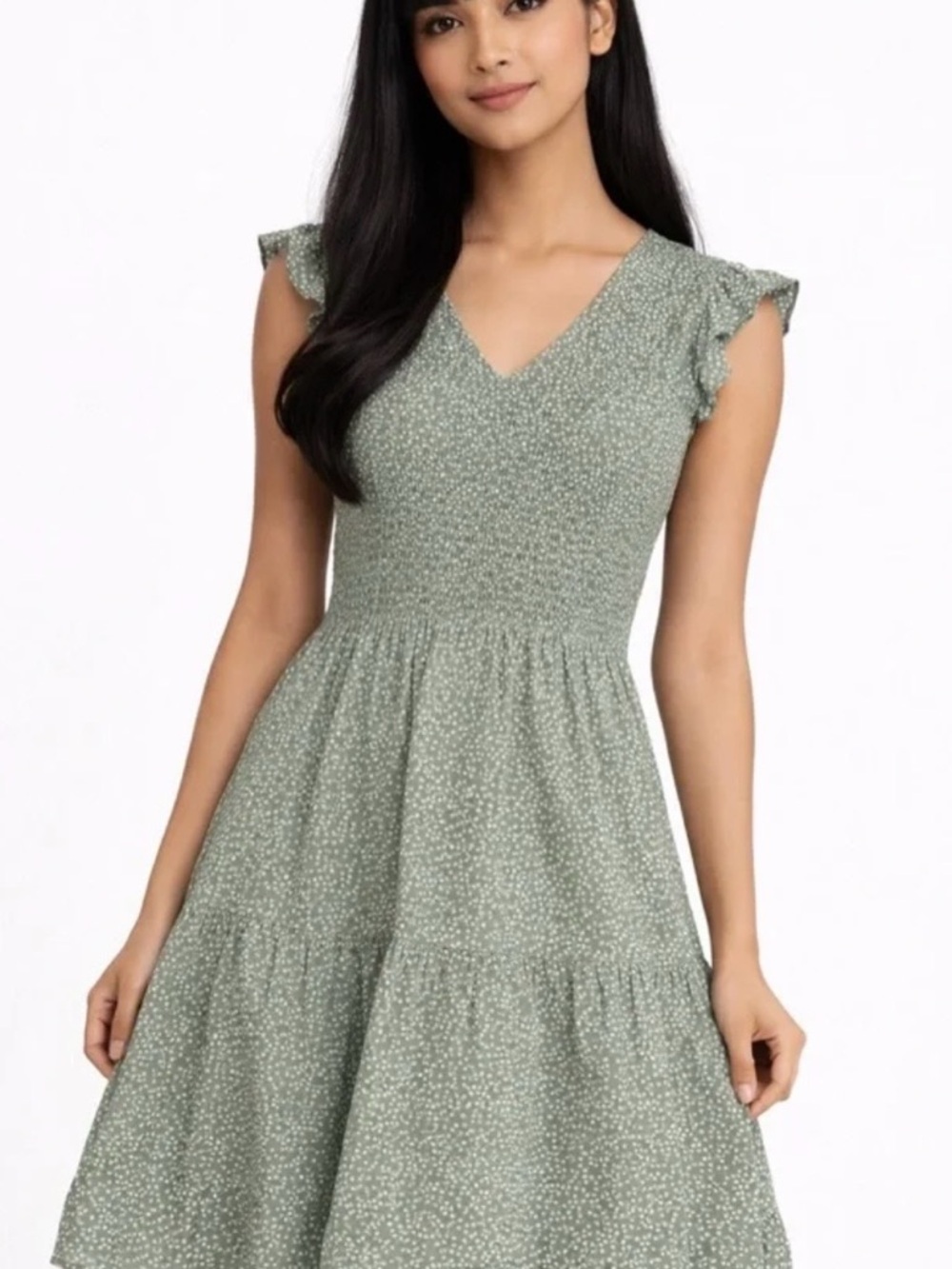 Loft Sage Smocked V-Neck Tiered Midi Dress